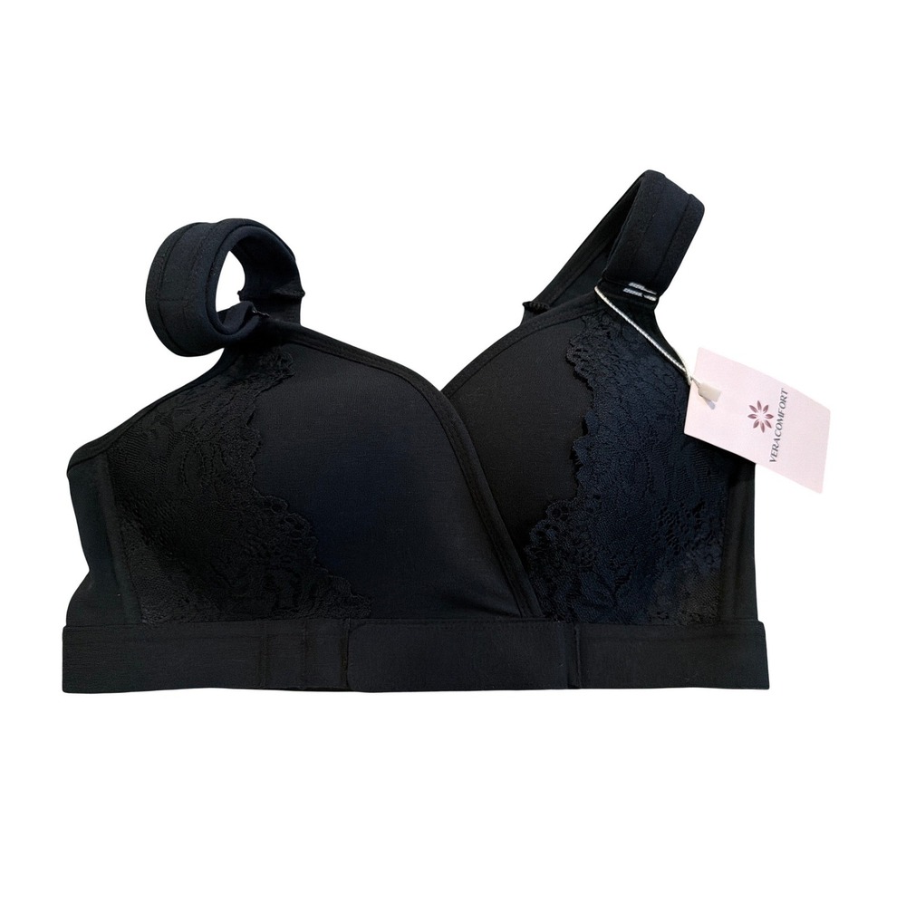 NEW VeraComfort 2.0 Wireless Lace Bra Black Adjustable Straps Medium